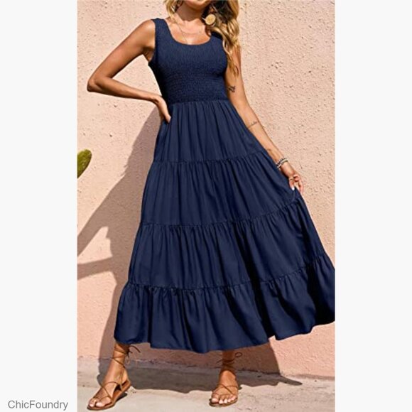Women's Smocked Tank Maxi Dress Tiered Casual Sleeveless Spring Beach - Picture 2 of 7
